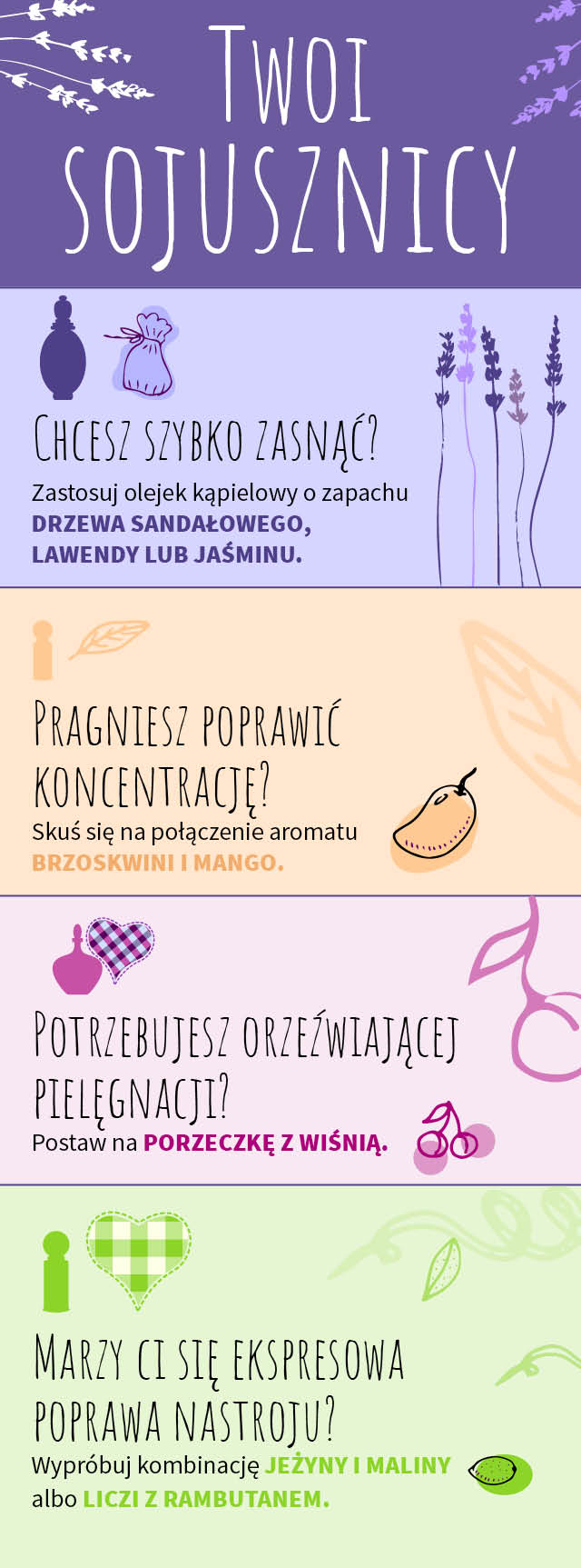 olejek kąpielowy, drzewo sandałowe, lawenda, jaśmin, wiśnia, porzeczka, malina, jeżyna, liczi, rambutan, pielęgnacja olejkiem, poprawa nastroju, pielęgnacja przed snem