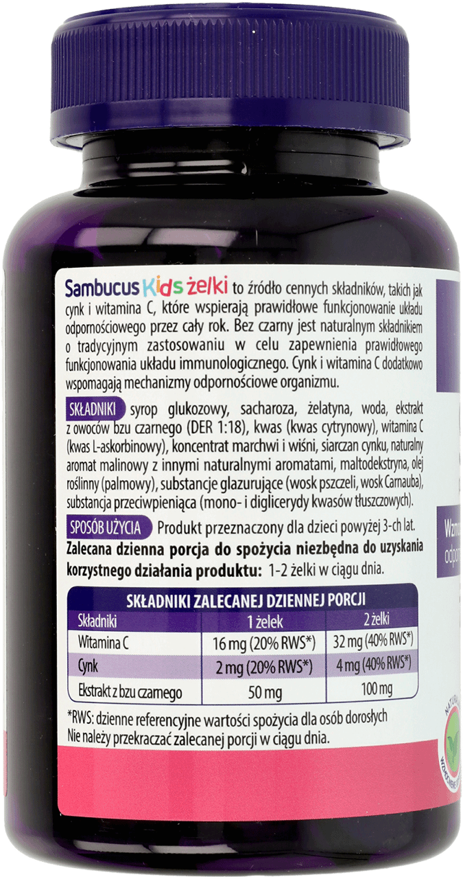 SAMBUCUS,żelki dla dzieci wzmocnienie odporności, malina,lewa