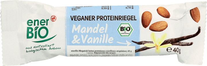 ENERBIO,wegański baton proteinowy waniliowo - migdałowy,przód