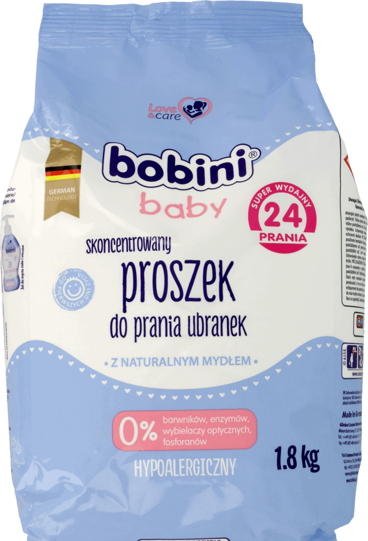 BOBINI,hypoalergiczny proszek do prania pieluszek ubranek niemowlęcych i dziecięcych,przód