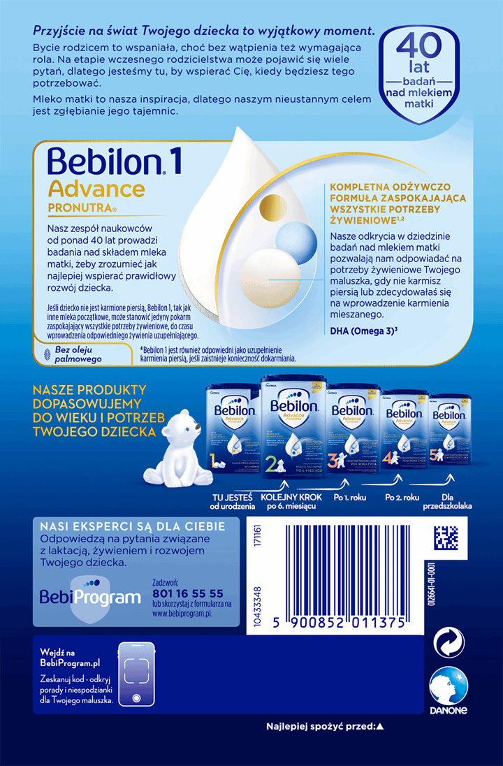 BEBILON,mleko początkowe w proszku dla niemowląt, 1, od urodzenia,tył