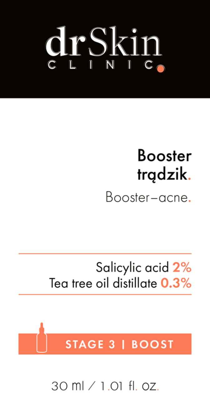 DR SKIN CLINIC,booster trądzik, kwas salicylowy 0,3%, destylat olejku z drzewa herbacianego,przód