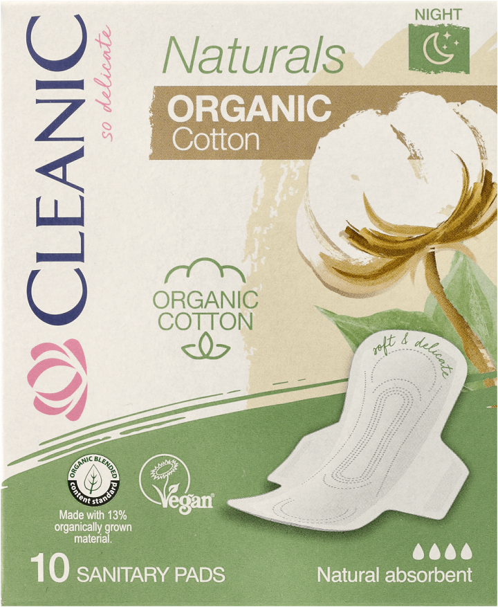 CLEANIC,podpaski higieniczne ze skrzydełkami na noc Organic Cotton,przód
