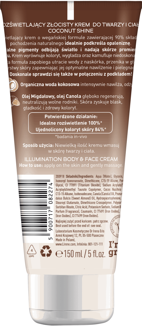 LIRENE, Coconut Shine, rozświetlający złocisty krem do twarzy i ciała