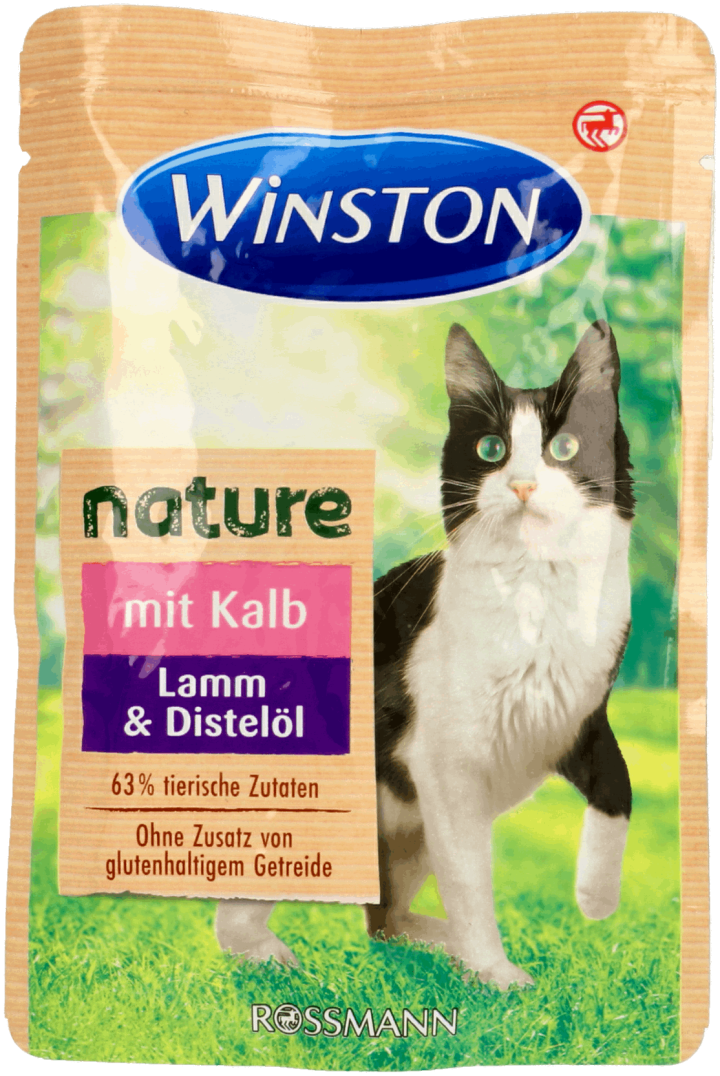 WINSTON,karma pełnoporcjowa, mokra dla dorosłych kotów z cielęciną i jagnięcina,przód