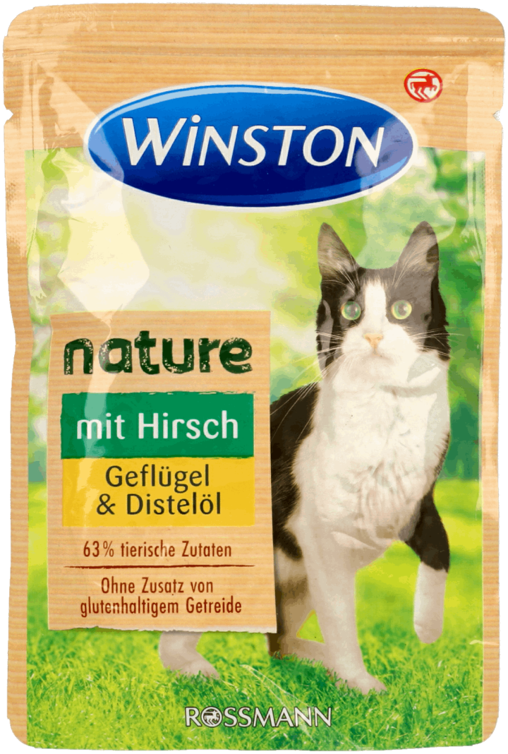 WINSTON,karma pełnoporcjowa, mokra dla dorosłych kotów z dziczyzna, drobem i olejem,przód
