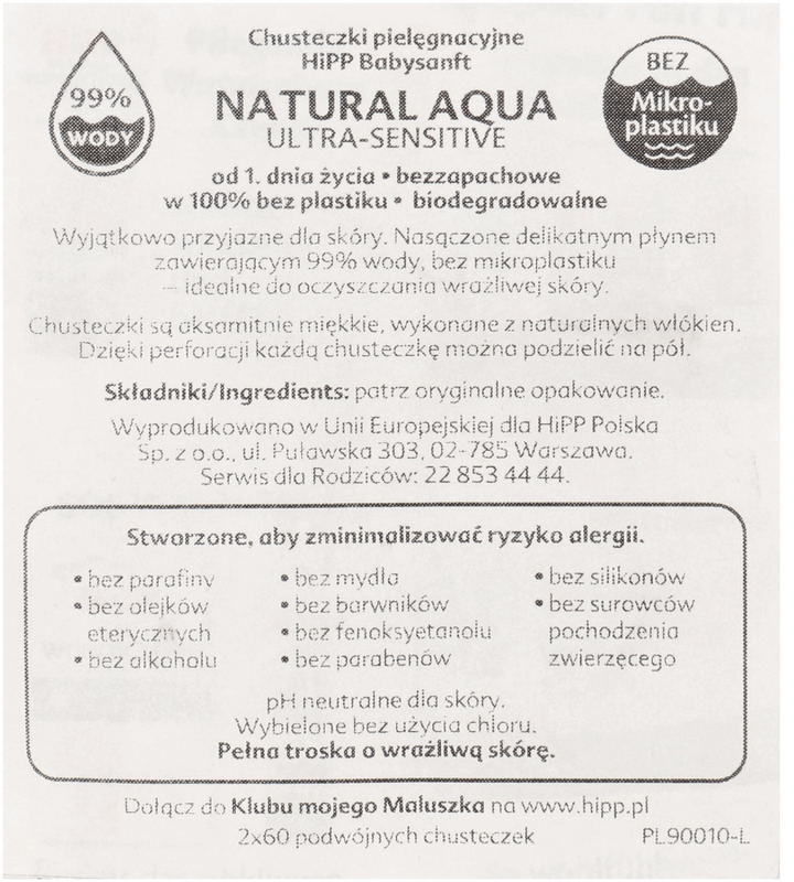 HIPP,biodegradowalne chusteczki Natural Aqua 99%,  od 1. dnia życia,tył