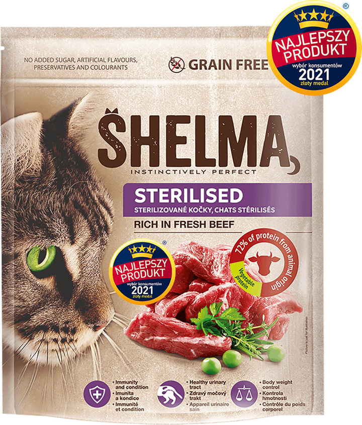 SHELMA,karma pełnoporcjowa, sucha dla dorosłych kotów po sterylizacji z wołowiną,przód