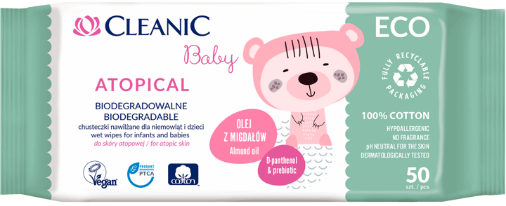 CLEANIC,biodegradowalne chusteczki nawilżane dla niemowląt i dzieci, Atopical,przód