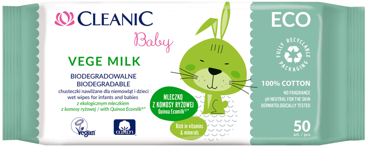 CLEANIC,chusteczki nawilżane dla niemowląt i dzieci, biodegradowalne,  Vege Milk,przód