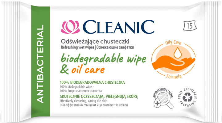 CLEANIC,odświeżające chusteczki biodegradable&Oil Care,przód
