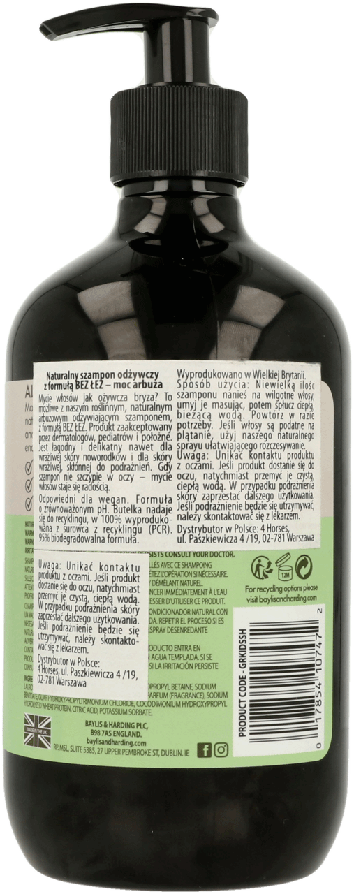 BAYLIS & HARDING,naturalny szampon odżywczy z formułą bez łez, moc arbuza,tył