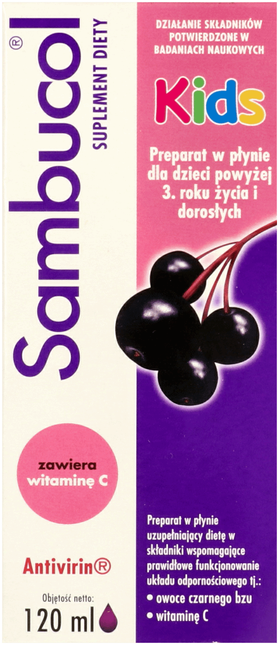 Syrop Z Czarnego Bzu Dla Dzieci Pan Tabletka SAMBUCOL, Kids, standaryzowany ekstrakt z czarnego bzu syrop dla dzieci