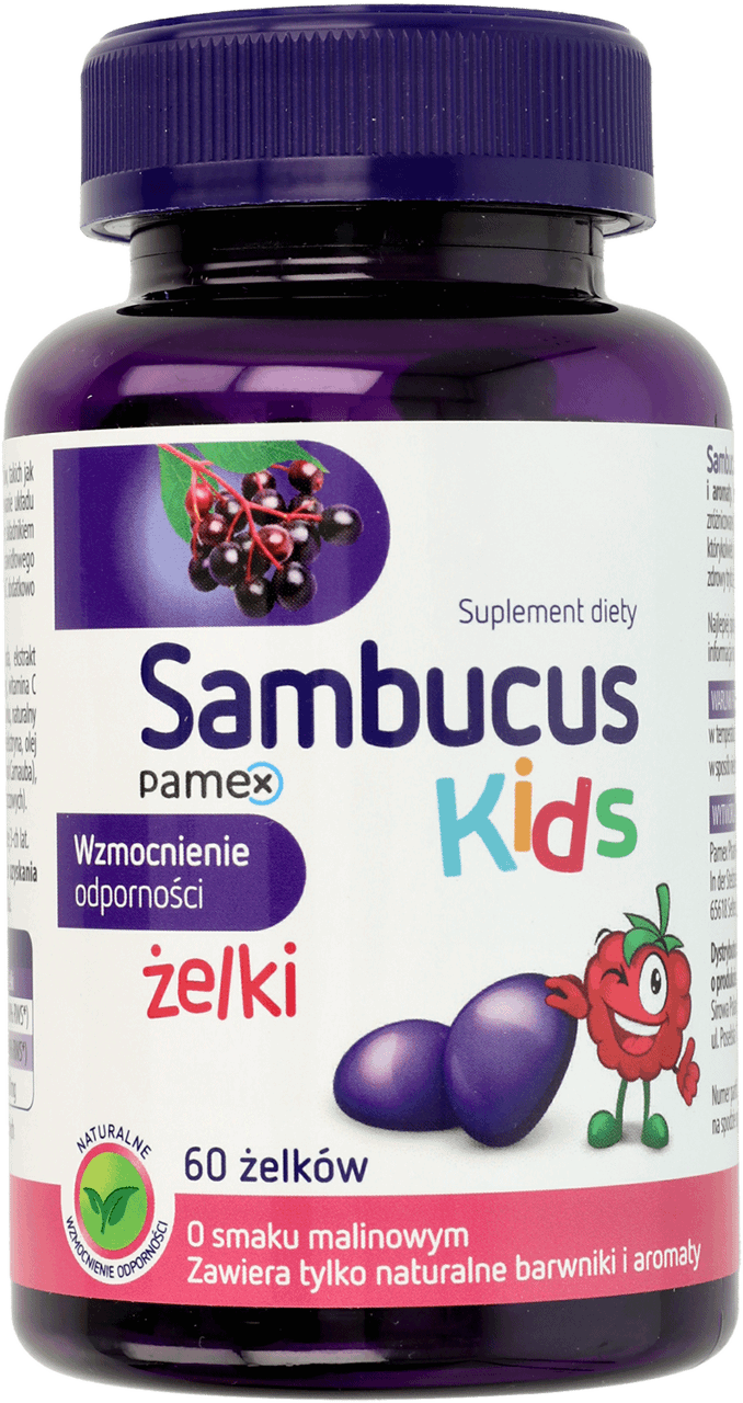 SAMBUCUS,żelki dla dzieci wzmocnienie odporności, malina,przód
