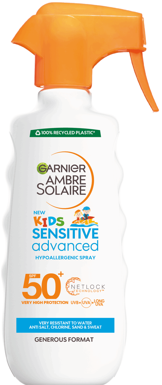 GARNIER AMBRE SOLAIRE,ochronny spray przeciwsłoneczny do opalania dla dzieci, 50+,przód