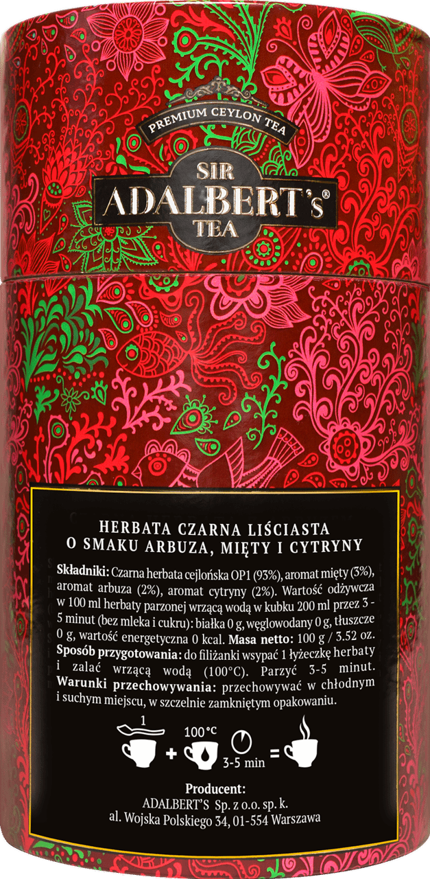 SIR ADALBERT'S TEA,herbata liściasta Watermelon, Mint & Lemon Black tea,tył