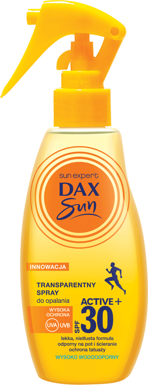 DAX SUN,transparentny spray do opalania SPF 30, Active+ triger,przód