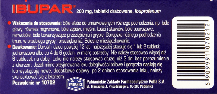 IBUPAR,tabletki drażowane, przeciwbólowe przeciwgorączkowe i przeciwzapalne, 200 mg,tył