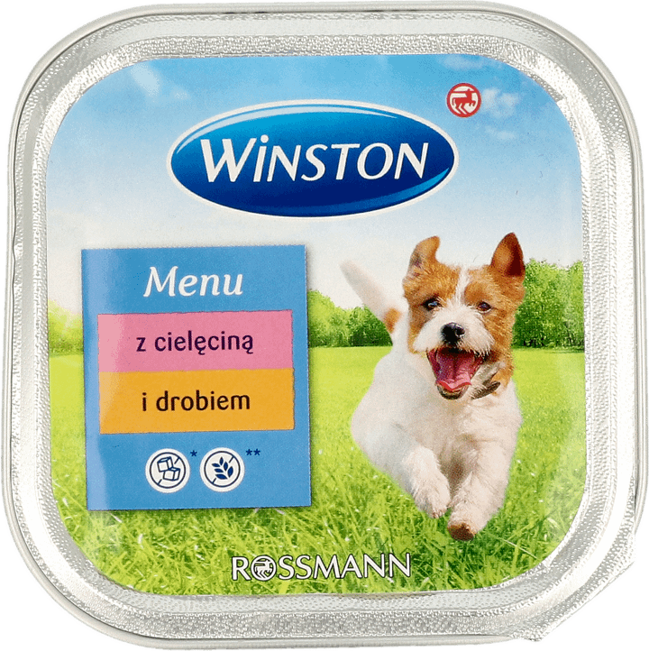 WINSTON,karma pełnoporcjowa, mokra dla psów dorosłych z cielęciną i drobiem,przód
