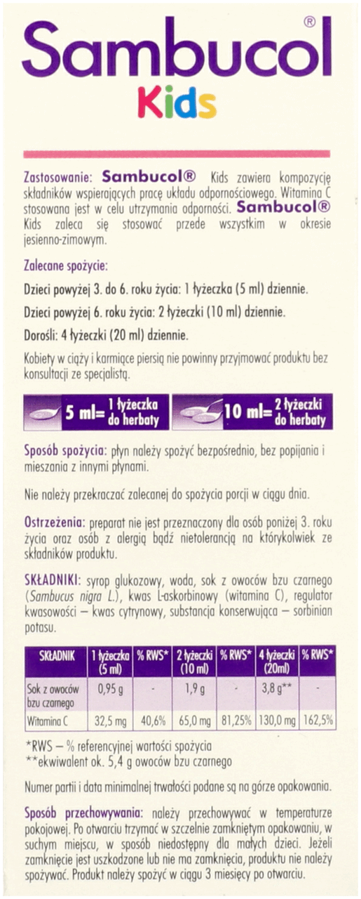 Syrop Z Czarnego Bzu Dla Dzieci Pan Tabletka SAMBUCOL, Kids, standaryzowany ekstrakt z czarnego bzu syrop dla dzieci