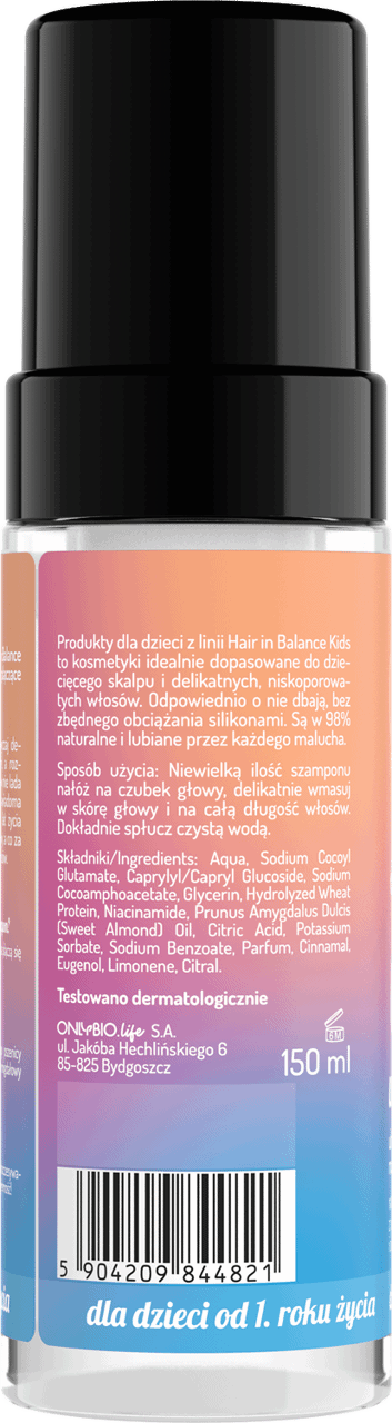 ONLYBIO,szampon w piance ułatwiający rozczesywanie włosów, dla dzieci od 1. roku życia,tył