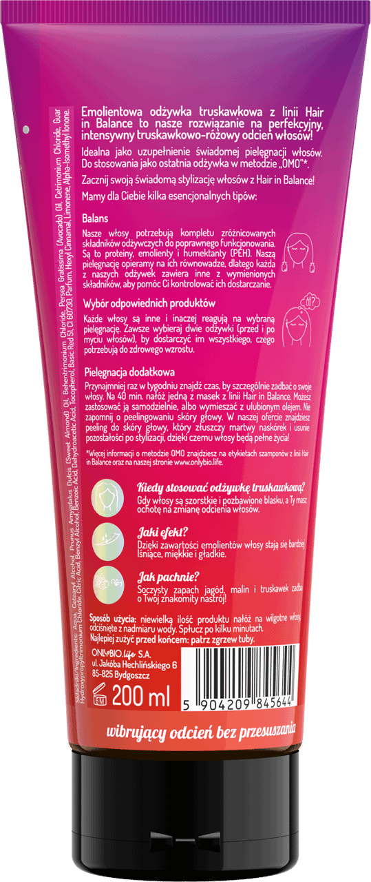ONLYBIO,odżywka truskawkowa, nadająca włosom truskawkowo-różowy odcień,tył