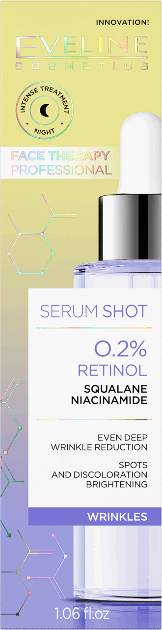 EVELINE COSMETICS,serum Shot 0,2% Retinol, Skwalan, Niacynamid, zmarszczki,tył
