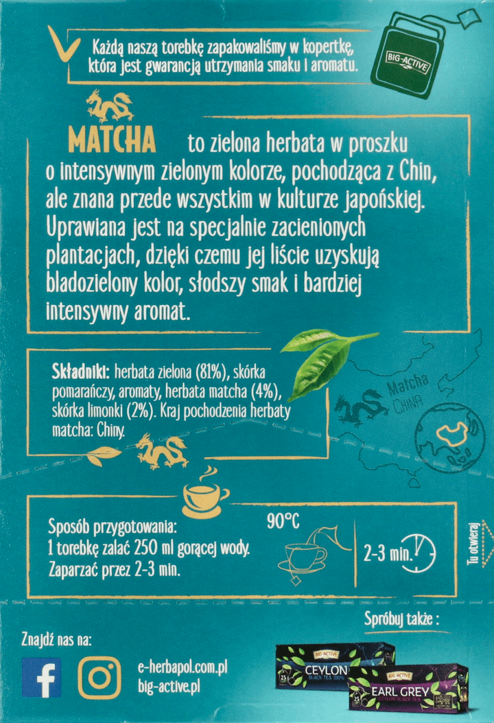 BIG-ACTIVE,herbata zielona Matcha&Limonka, 20 torebek,lewa