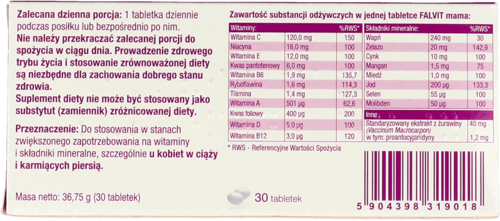 FALVIT,suplement diety w postaci tabletek powlekanych dla kobiet w ciąży i matek karmiących piersią,tył