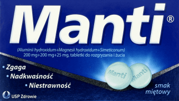 MANTI,tabletki na zgagę nadkwaśność i niestrawność, smak miętowy,przód
