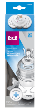 LOVI,zestaw nie zaburzający odruchu ssania butelka 250 ml + smoczek dynamiczny, uspokajający,przód