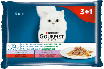PURINA GOURMET,karma pełnoporcjowa, mokra dla dorosłych kotów,fileciki w sosie z warzywami,przód