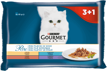 PURINA GOURMET,karma pełnoporcjowa, mokra dla dorosłych kotów, mini fileciki w sosie,przód