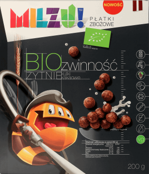 MILZU!,płatki żytnie z kakao Bio w postaci kulek kakaowych,przód