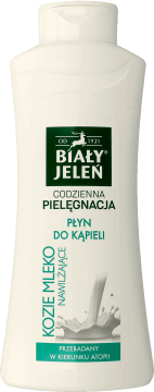BIAŁY JELEŃ,płyn do kąpieli z ekstraktem z koziego mleka,przód