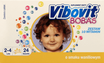 VIBOVIT,suplement diety, zestaw 10 witamin w postaci saszetek z proszkiem o smaku waniliowym,przód