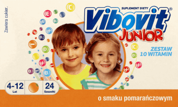 VIBOVIT,suplement diety, zestaw 10 witamin w postaci saszetek z proszkiem o smaku pomarańczowym,przód