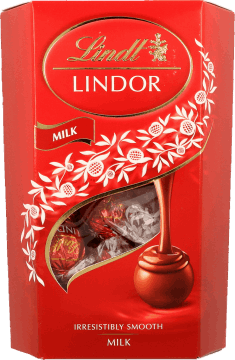 LINDT,pralinki z czekolady mlecznej z delikatnie rozpływającym się nadzieniem (44%),przód