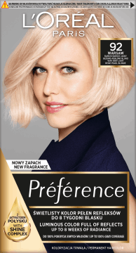 L'ORÉAL PARIS PRÉFÉRENCE,farba do włosów, nr 92 Iridescent Blonde, Bardzo Jasny Blond Beżowoperłowy,przód