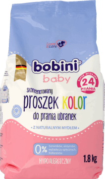 BOBINI,hypoalergiczny proszek do prania kolorowych ubranek niemowlęcych i dziecięcych,przód