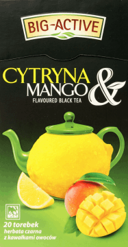 BIG-ACTIVE,czarna herbata z kawałkami owoców, cytryna i mango,przód