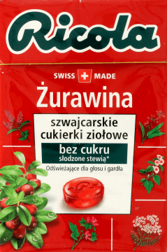 RICOLA,szwajcarskie cukierki ziołowe żurawina,przód