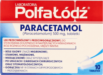 POLFA ŁÓDŹ,Paracetamol,500 mg, lek przeciwbólowy i przeciwgorączkowy,przód