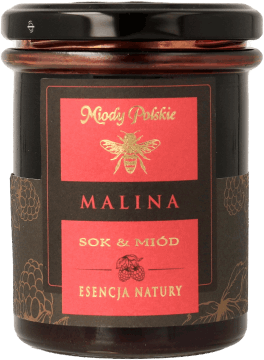 MIODY POLSKIE,miód nektarowy wielokwiatowy z sokiem Malina,przód