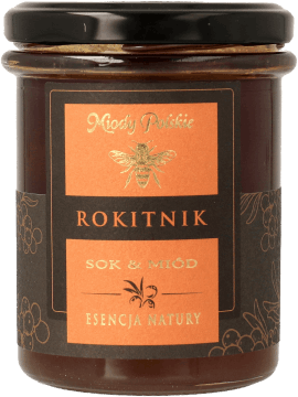 MIODY POLSKIE,miód nektarowy wielokwiatowy z sokiem owocowym Rokitnik,przód