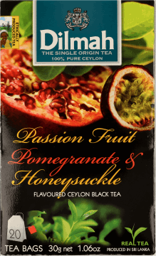 DILMAH,cejlońska herbata czarna z aromatem marakui, granatu i wiciokrzewu,przód
