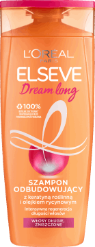 L'ORÉAL PARIS ELSEVE,szampon do włosów odbudowujący, z keratyną i olejkiem rycynowym, włosy długie i zniszczone,przód