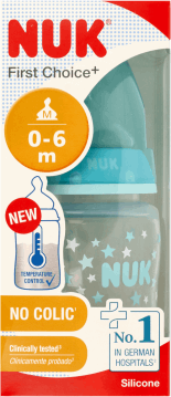 NUK,butelka ze wskaźnikiem temperatury, 0-6. m-cy, poj. 150 ml,przód