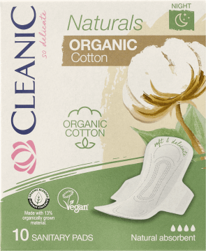 CLEANIC,podpaski higieniczne ze skrzydełkami na noc Organic Cotton,przód