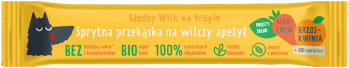 GŁODNY WILK NA TROPIE,przekąska owocowo-warzywna, marchew, brzoskwinia i spirulina,przód